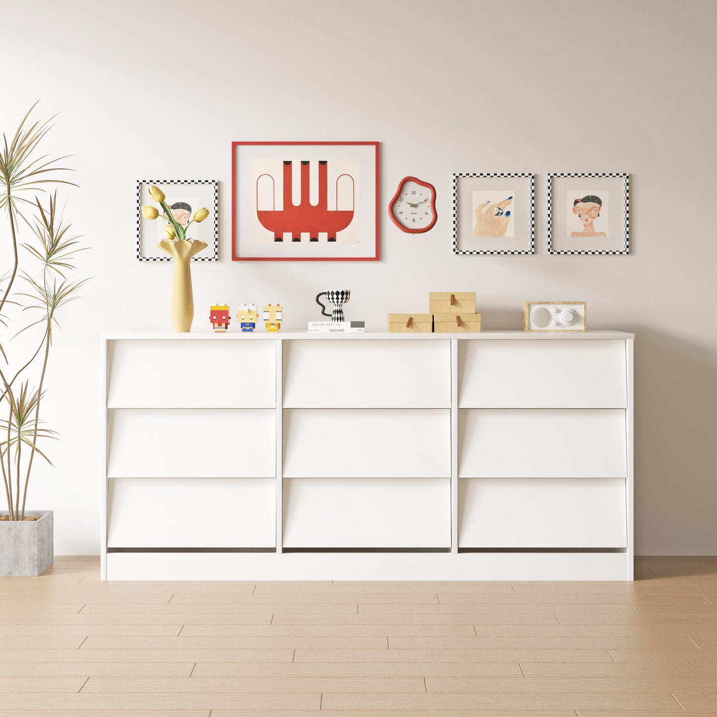 XSUQGP 9-Drawer Dressers for Bedroom,Wooden Dresser TV Stand,Storage Cabinet Drawers Handle Free,Modern Chest of Drawer Organizer Unit for Hallway,Living Room,White