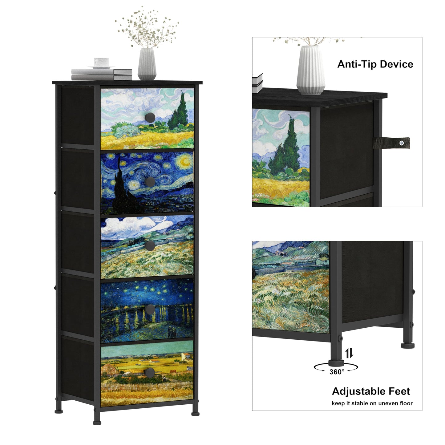 Welfuturer Dresser with 5 Drawers Narrow Tall Nightstand Van Gogh Dresser for Bedroom Fabric Drawer Organizer Unit for Living Room Entryway Hallway Closet Sturdy Steel Frame Wooden Top