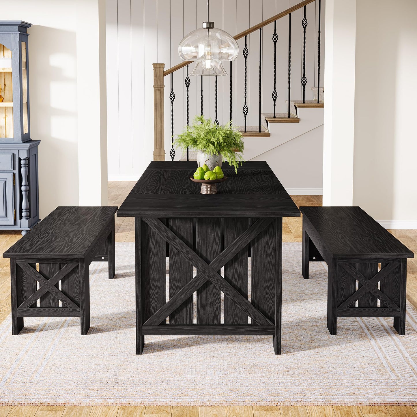 Tribesigns Farmhouse Dining Table Set for 4-6, 55-Inch Rectangle Kitchen Table with 2 Benches, 3-Piece Wooden Dinner Table for Dining Room, Kitchen, Small Space, Black
