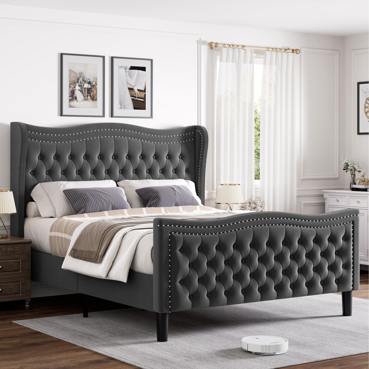 VINTLJUS Full Bed Frame with Tall Headboard & Footboard, Velvet Upholstered Platform Bed Frame with Deep Button Tufted Wingback, No Box Spring Needed, Noise Free, Grey
