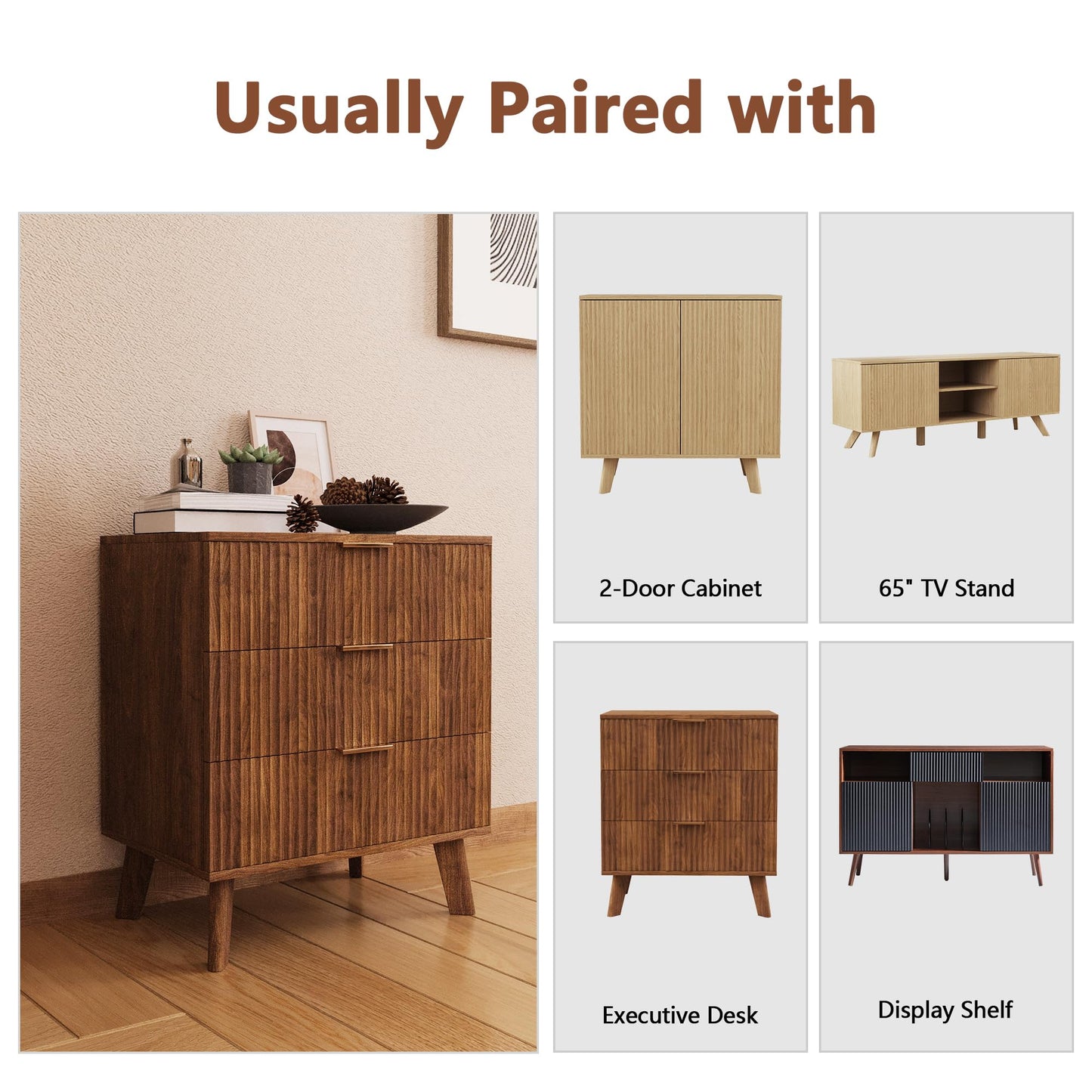 XUZENEST Fluted 3 Drawer Dressers, Modern Closet Dressers Chest of Drawers, Wood Storage Dresser Chest of Drawers Organizer for Bedroom Living Room Hallway Closet, Walnut, 2 Sets