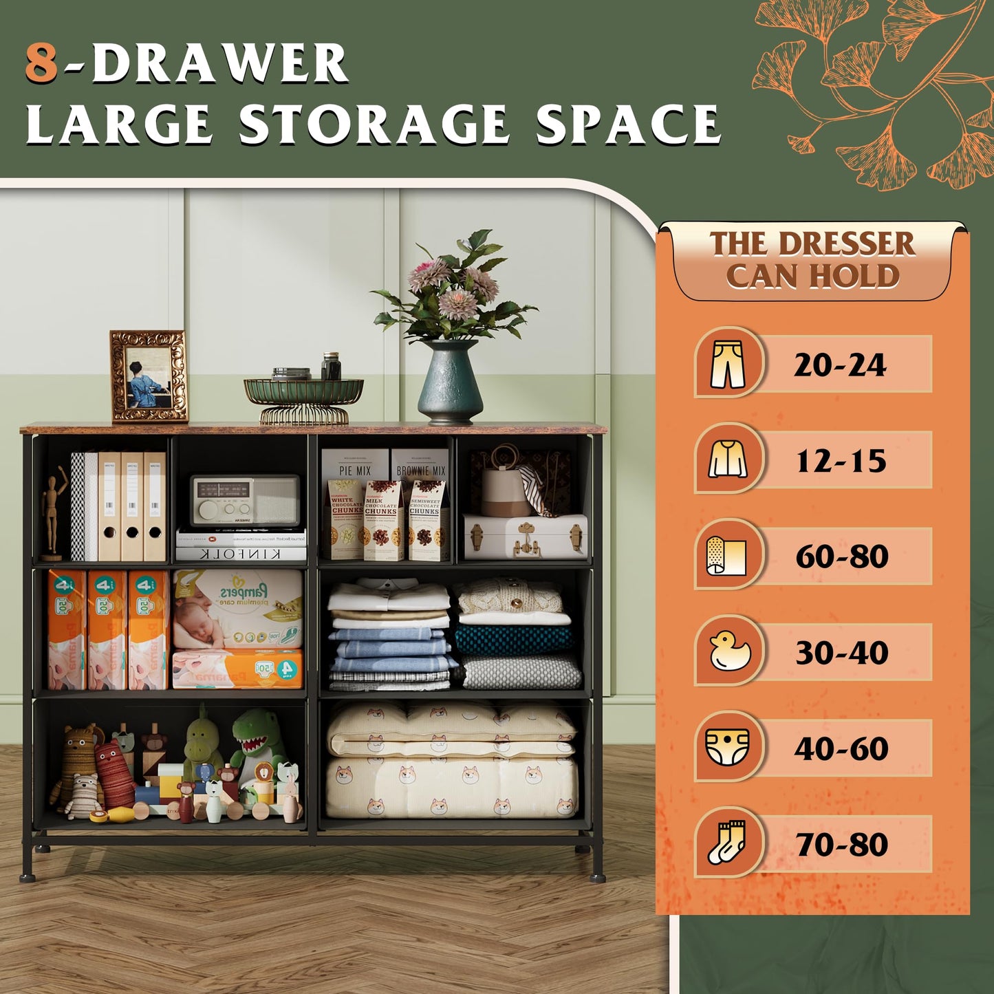 WLIVE 8 Drawer Dresser for Bedroom, Wide Fabric Dresser Storage Organizer, Chest of Drawers with Wood Top, Sturdy Steel Frame, Dressers for Living Room, Closet, Hallway, Floral Painted