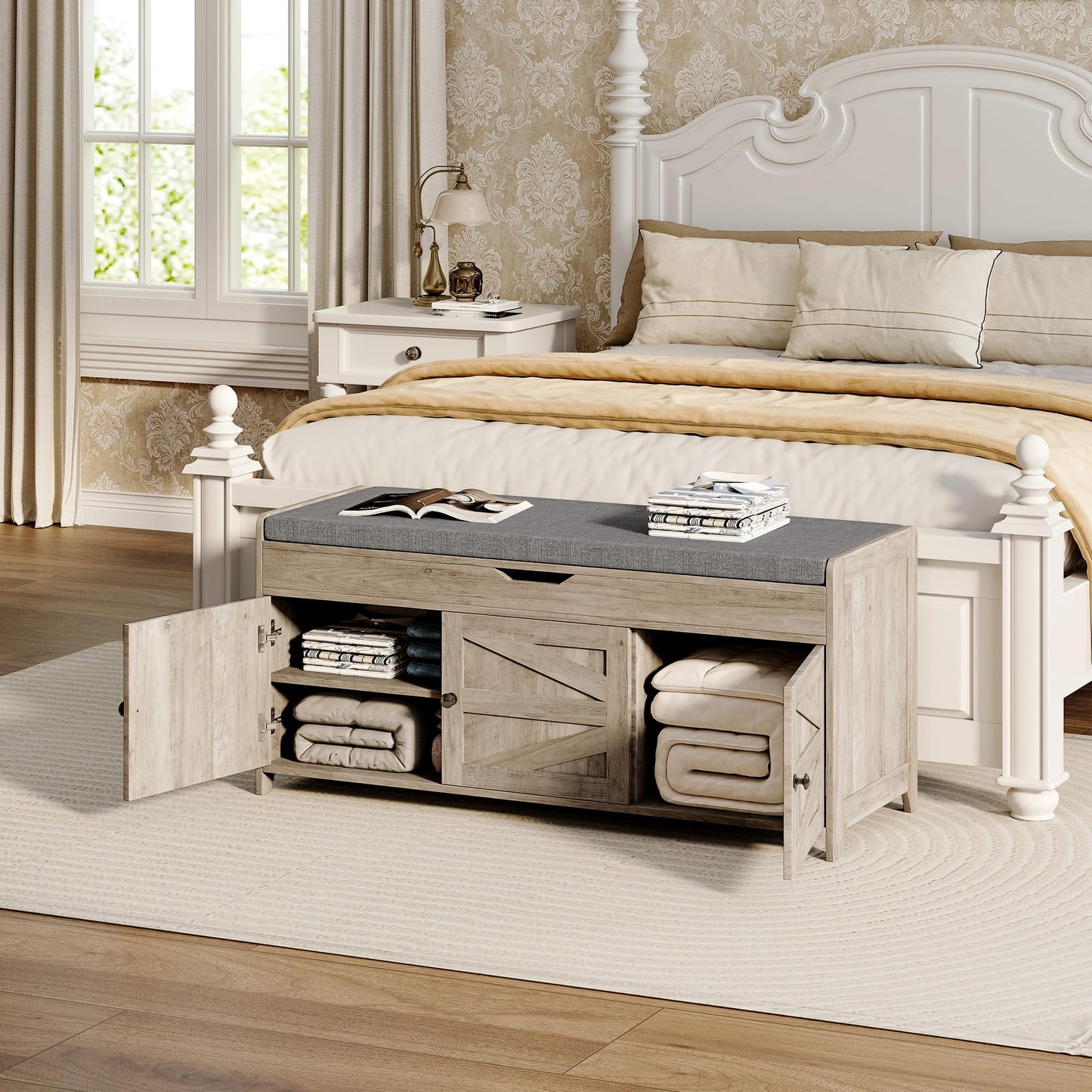 Xdwwhome Shoes Bench with Cushion, Storage Bench, Entryway Bench with Lift Top Storage, 43.3" Wooden End of Bed Bench, Shoe Bench Cabinet for Living Room Bedroom Hallway Garden, 330 lbs, Light Grey