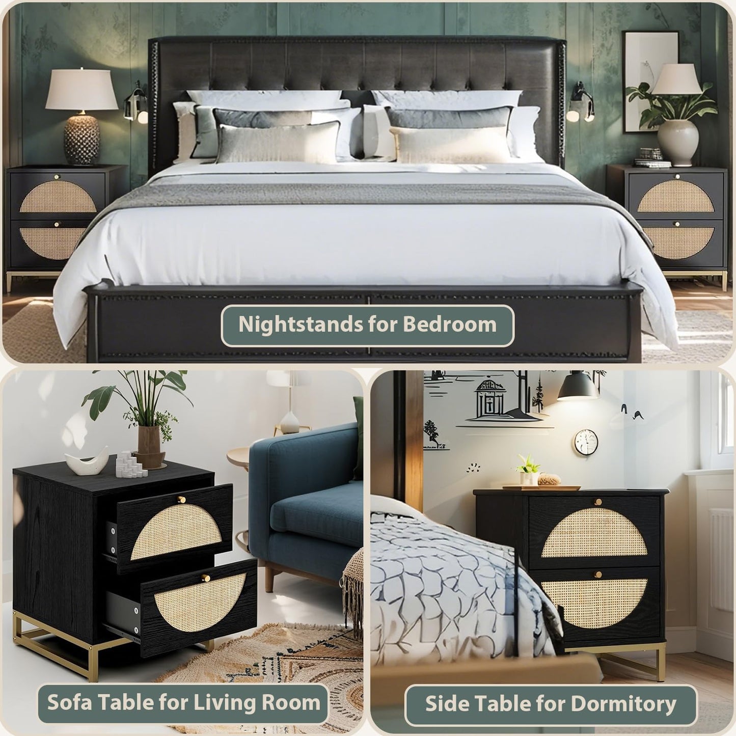 vistavie Rattan Nightstand with 2 Drawers, Wooden End Table Rattan Weaving Bedside Table Accent,Rustic Side Table Night Stand with Storage,for Living Room Bedroom (Black, Set of 2)