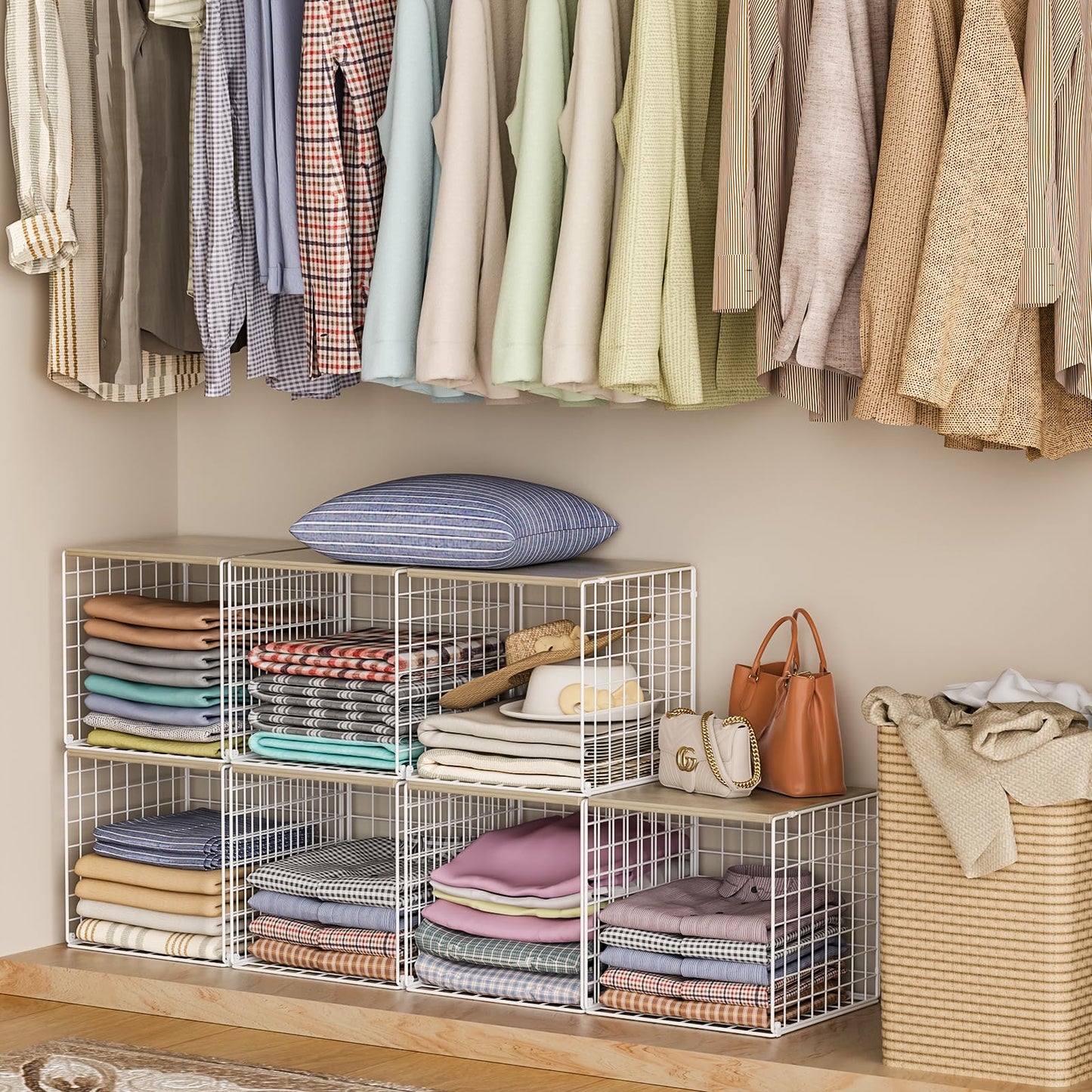 3PCS Stackable Closet Organizers and Storage, Closet Shelves with Wood Top Extra Storage, Clothes Storage Organizer Basket Bin/Cube for Home Wardrobe Organization(White-Sturdy Metal) Patent Pending