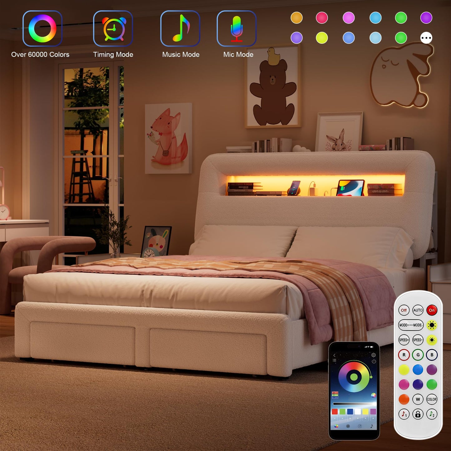 VINTLJUS Full LED Bed Frame with Storage Headboard & Charging Station, Kids Bed Frames with Bookcase, Teddy Fleece Upholstered Platform Bed Frames with 2 Storage Drawers, Noise Freed, Beige