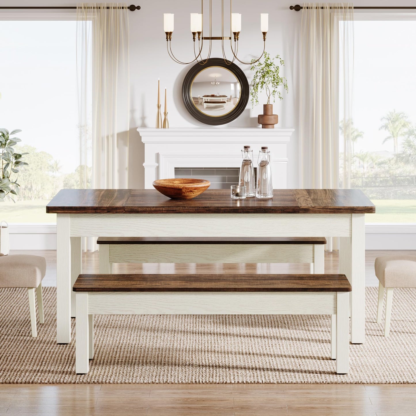 Tribesigns Farmhouse Kitchen Table Set for 4-6, 55-Inch Wooden Dining Table with 2 Benches, Space Saving 3 Pieces Heavy Duty Dinette for Dining Room, Kitchen, Small Space