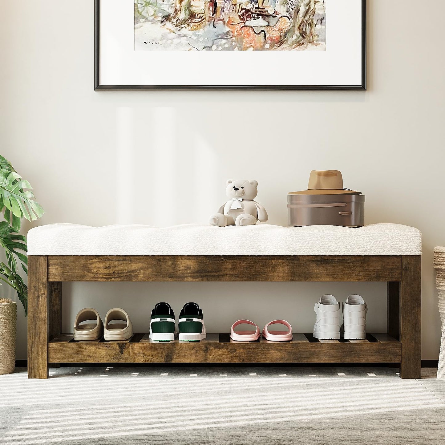 Welfuturer Large Upholstered Ottoman Bench Entryway Storage Benches Tufted Linen Ottoman Bench with Solid Wood Shelf Padded End of Bed Bench for Bedroom Living Room Hallway Decor