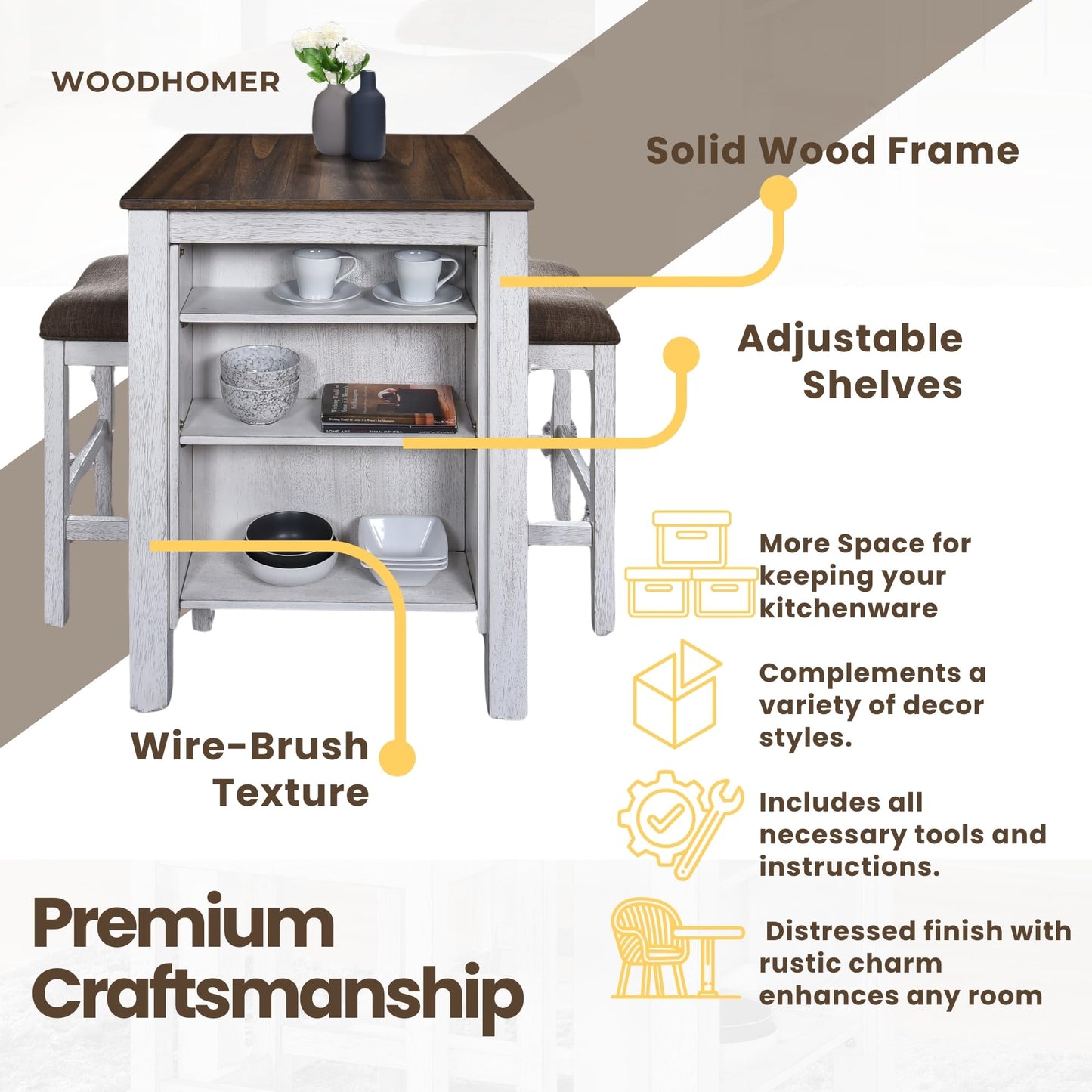WOODHOMER 3-Piece Wooden Dining Table Set, Kitchen Island with Seating for 2, Kitchen Bar Table with Stools, Counter Height Dining Table Set, Antique Dark Oak & White, Farmhouse Style