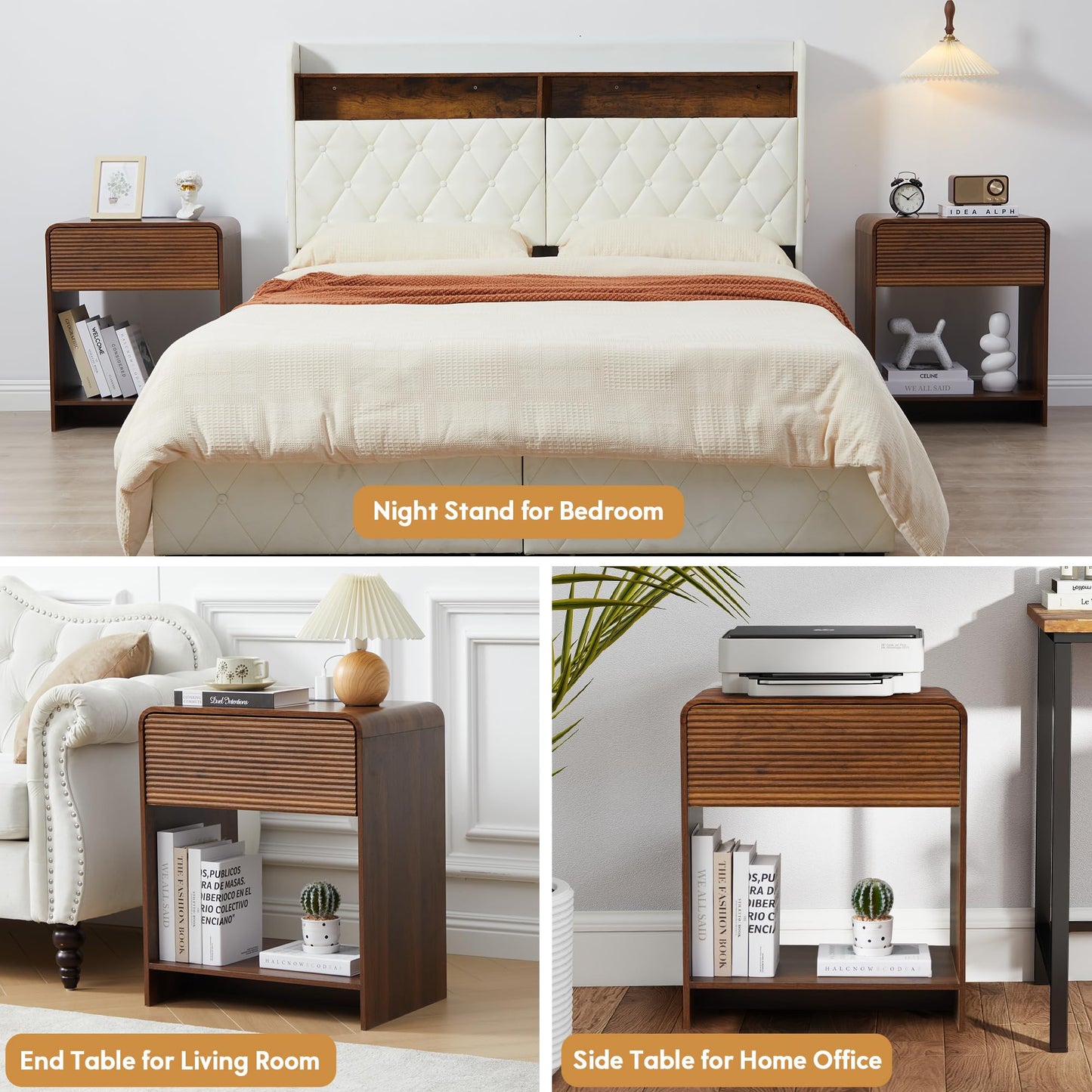 XUZENEST Fluted Nightstand Set of 2 with Charging Station, Modern Bed Side Table End Table with Drawer Storage, Large Wooden Night Stands Bedside for Bedroom Living Room Sofa Office, Walnut 2 Sets