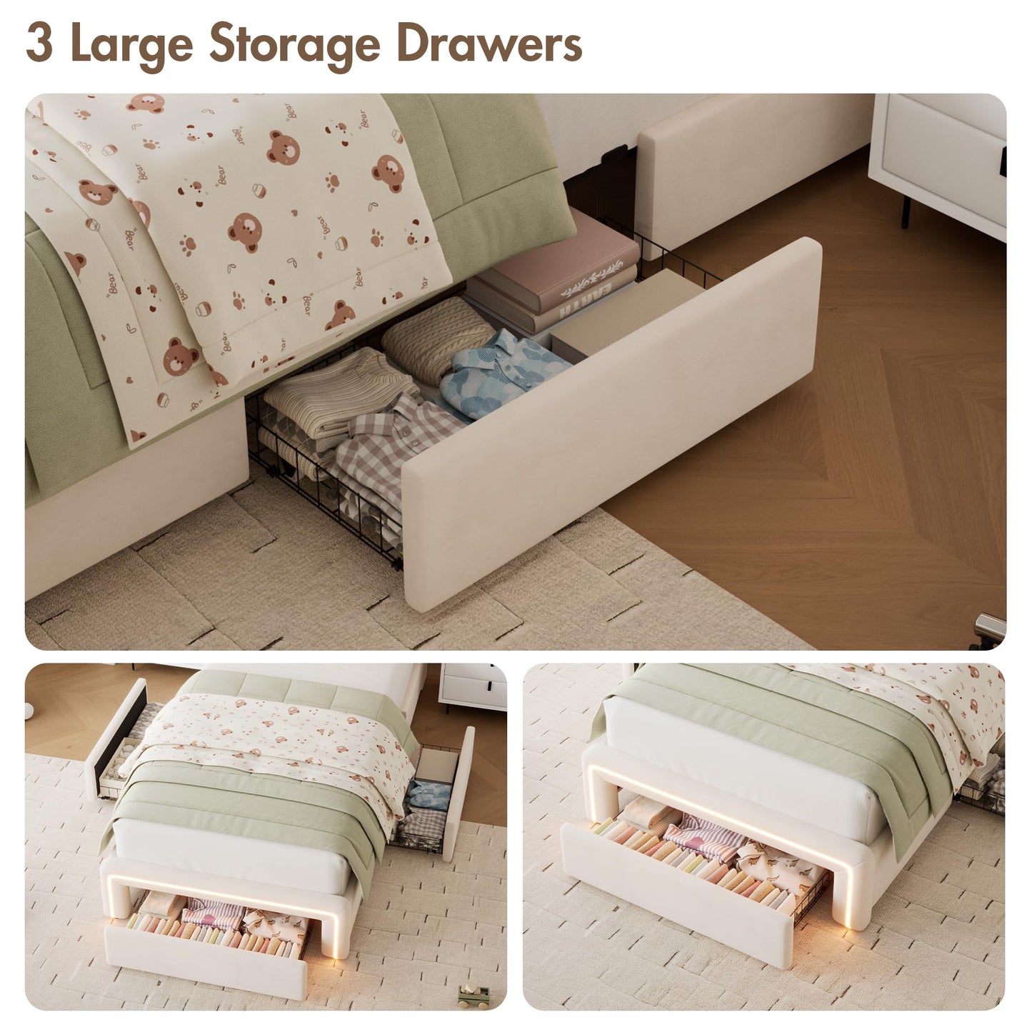 VINTLJUS Twin LED Bed Frame with Storage Headboard & Charging Station, Velvet Fabric Platform Bed Frames with 3 Drawers, No Box Spring Needed, Button Tufted Upholstered, Beige