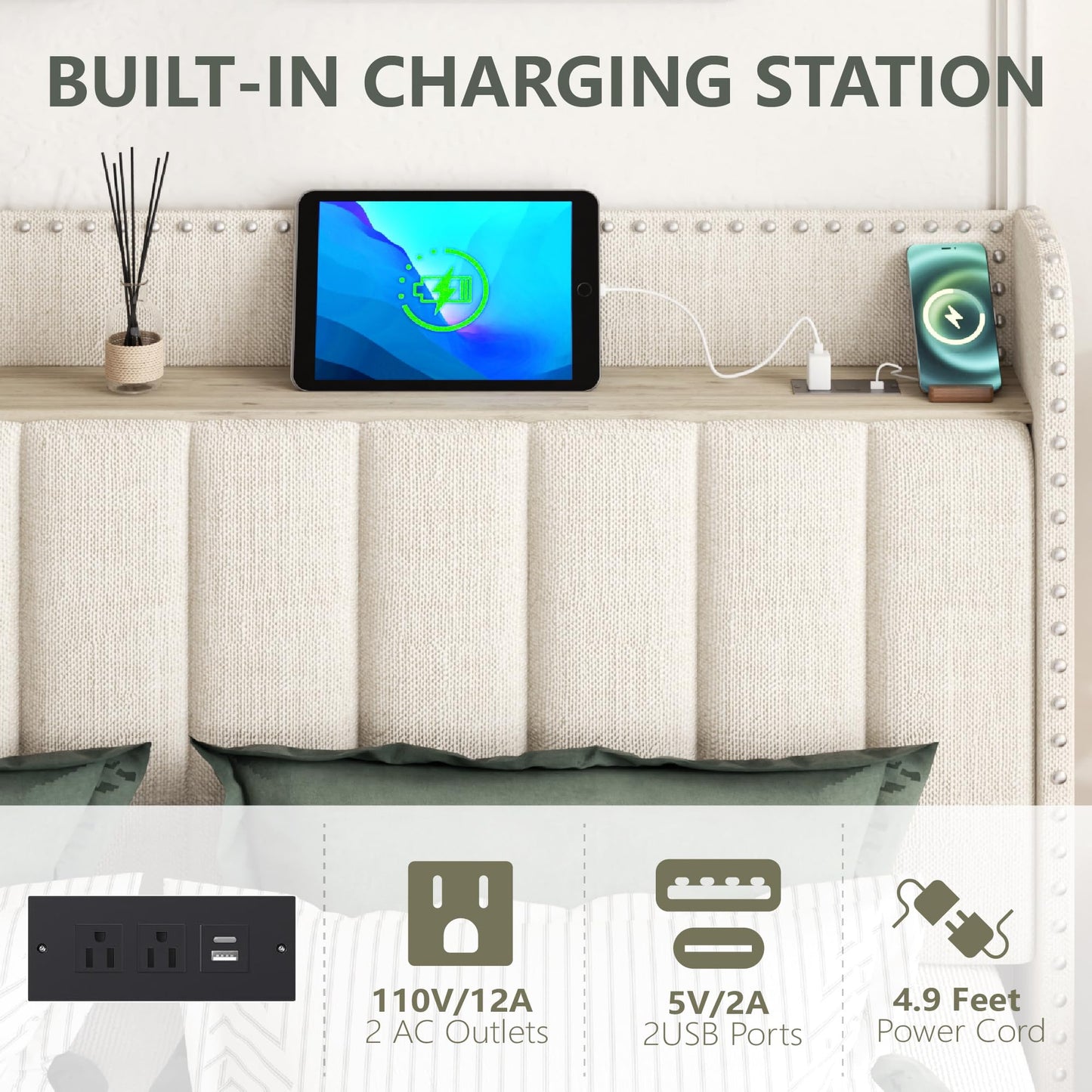 viplov Queen Bed Frame with Headboard and Storage, Platform Bed Frame with 2 Drawers, Upholstered Bed Frame with Storage, Built-in Charging Station, No Box Spring Needed, No-Noise, Beige
