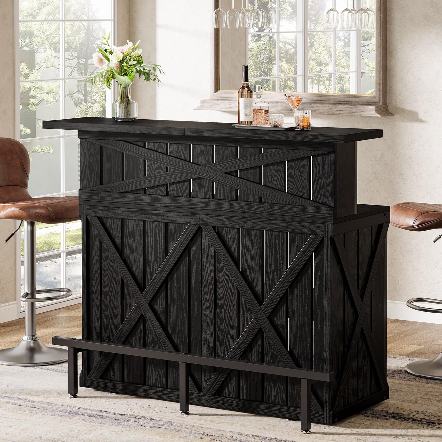 Tribesigns Home Bar Unit, 4-Tier Black Bar Table Height Pub Table with Footrest, 55-Inch Modern Wine Bar Cabinet for Home Pub, Bistro