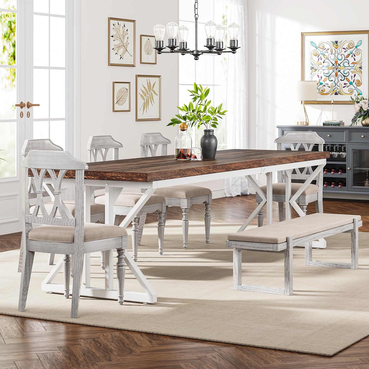 Tribesigns Farmhouse Dining Table for 6-8 People, 78.7-Inch Rectangular Wood Dining Table, Rustic Kitchen Table with Heavy Duty Metal Legs for Dining Room