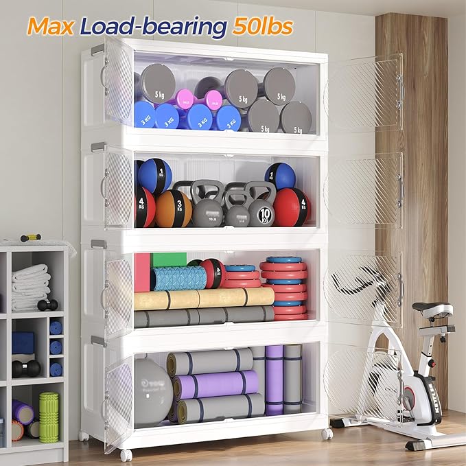 90GAL Plastic Storage Bins with Lid, 360QT Extra Large Stackable Closet Organizers and Storage, Collapsible Storage Boxes with Wheels, Folding Cabinet for Home Kitchen Office, 3Pack White