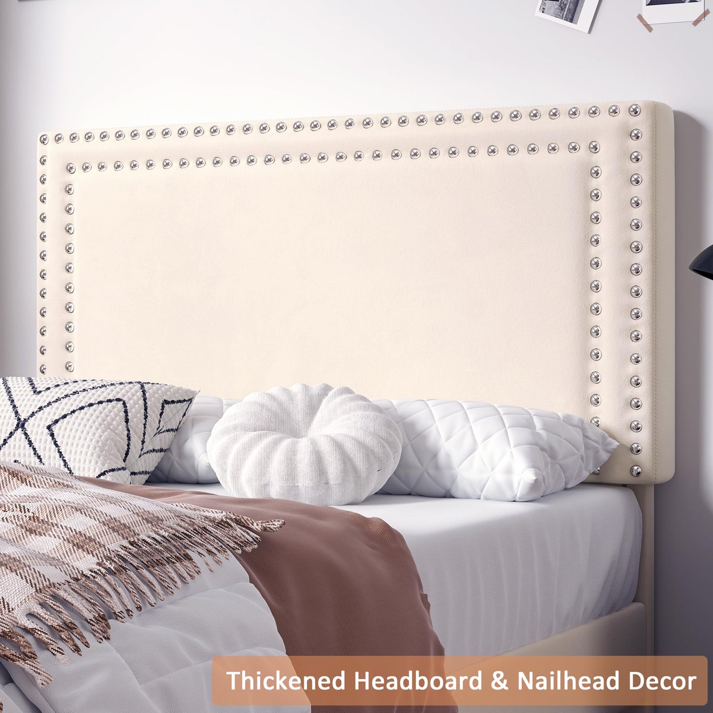 VECELO Twin Size Bed Frame with Adjustable Upholstered Headboard, Strong Wood Slats Platform Support, No Box Spring Needed, Easy Assembly