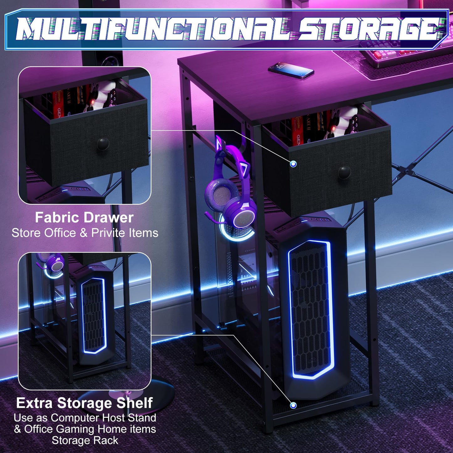 X-cosrack 33.5" Small Gaming Desk with LED Lights & Power Outlets, Compact Computer Desk with Monitor Stand & CPU Stand, Gamer Table with Storage Drawer, Side Hooks for Home Office, Bedroom, Black