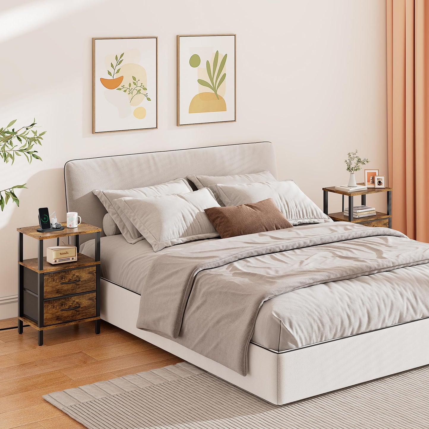 TUTOTAK End Table with Charging Station, Side Table with 2 USB Ports and Outlets, Nightstand with Cloth Drawer, Set of 2, Couch Table, Brown TB01BB067