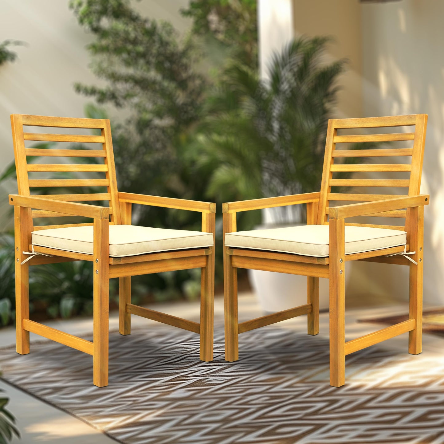 Tranquillo Solara Acacia Wood Outdoor Chairs Set of 2 with Cushions – Heavy-Duty 500lbs Capacity, Weather-Resistant Wooden Patio Armchairs, Solid Wood Garden & Deck Chairs for Outdoor Seating