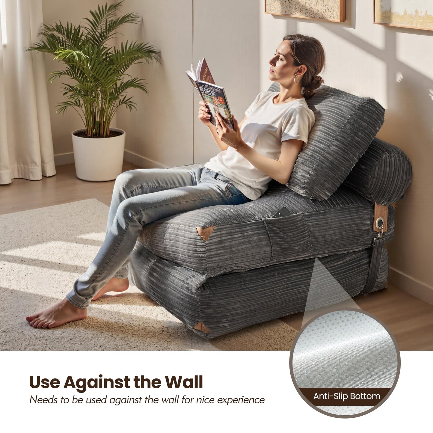 ovios Folding Sofa Bed, Convertible Sleeper Chair with Pillow Foldable Mattress with Back Support, Portable Fold Out Comfy Floor Lounge for Living Room Bedroom, Grey