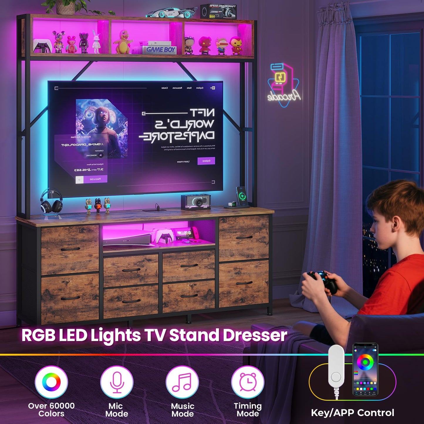 BTHFST 55" TV Satnd for Bedroom Room, Wall Unit Entertainment Center with 2 LED Lights & Power Outlets, TV Stand Dresser with 6 PU Fabric Drawers & 4 Open Storage Shelves, Rustic Brown