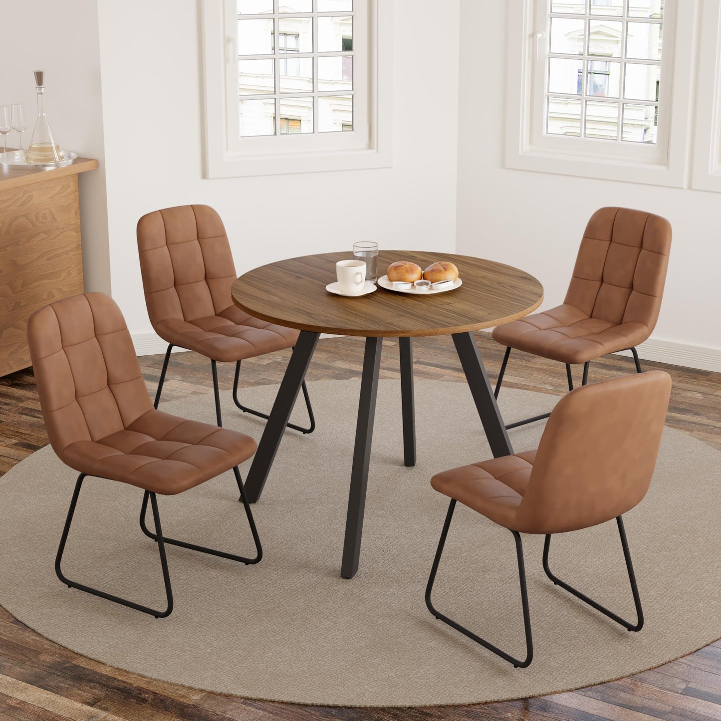 Zerifevni 34.6'' Round Dining Table and Chairs for 4 Space Saving for Apartment Kitchen Dining Room (Walnut Table+4 U-Shaped Brown Chairs)