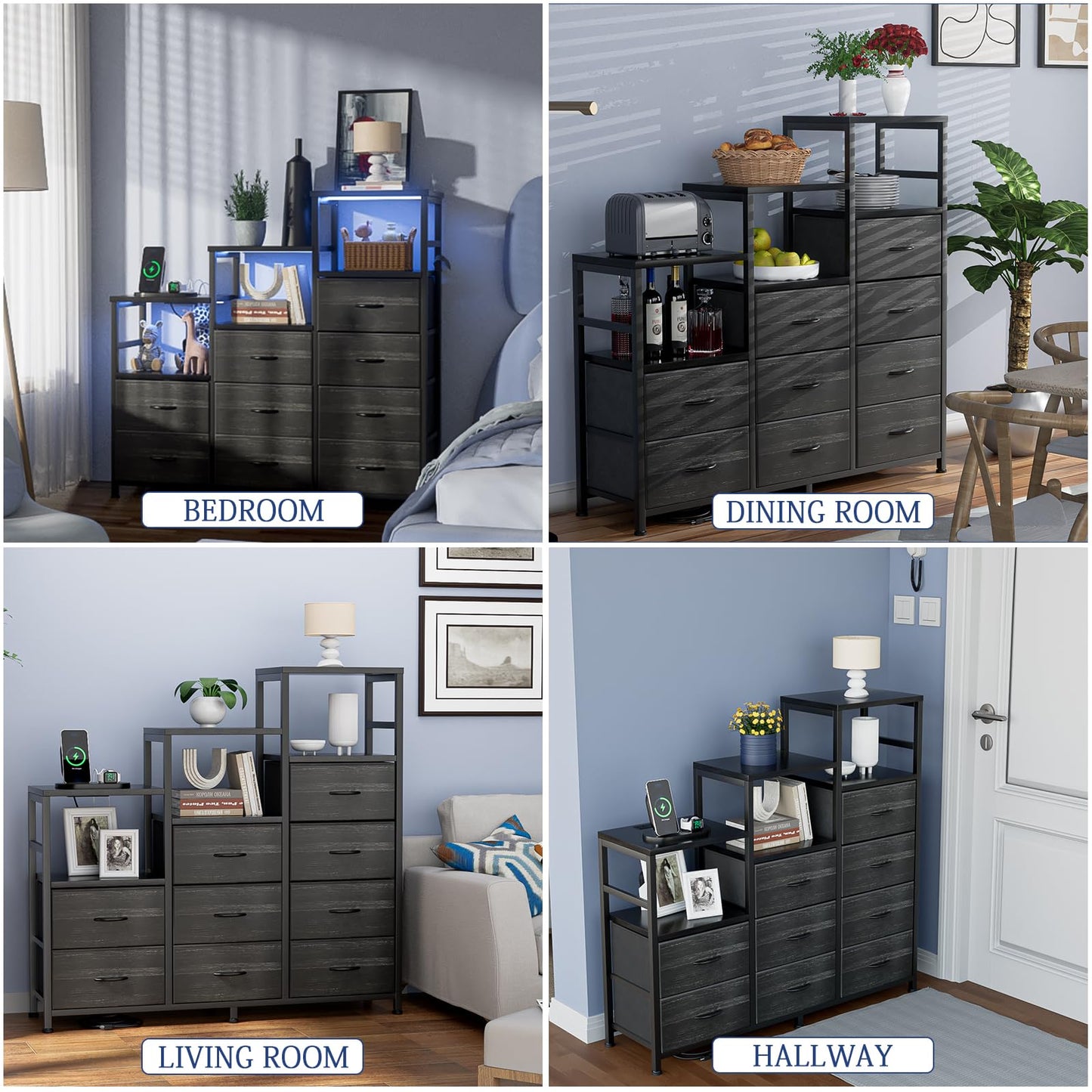 HPWLYO 9 Drawer Dresser with LED Light, Tall Fabric Drawers Dresser for Bedroom with Power Outlets, Dressers & Chests of Drawers with 3 Shelves for Bedroom