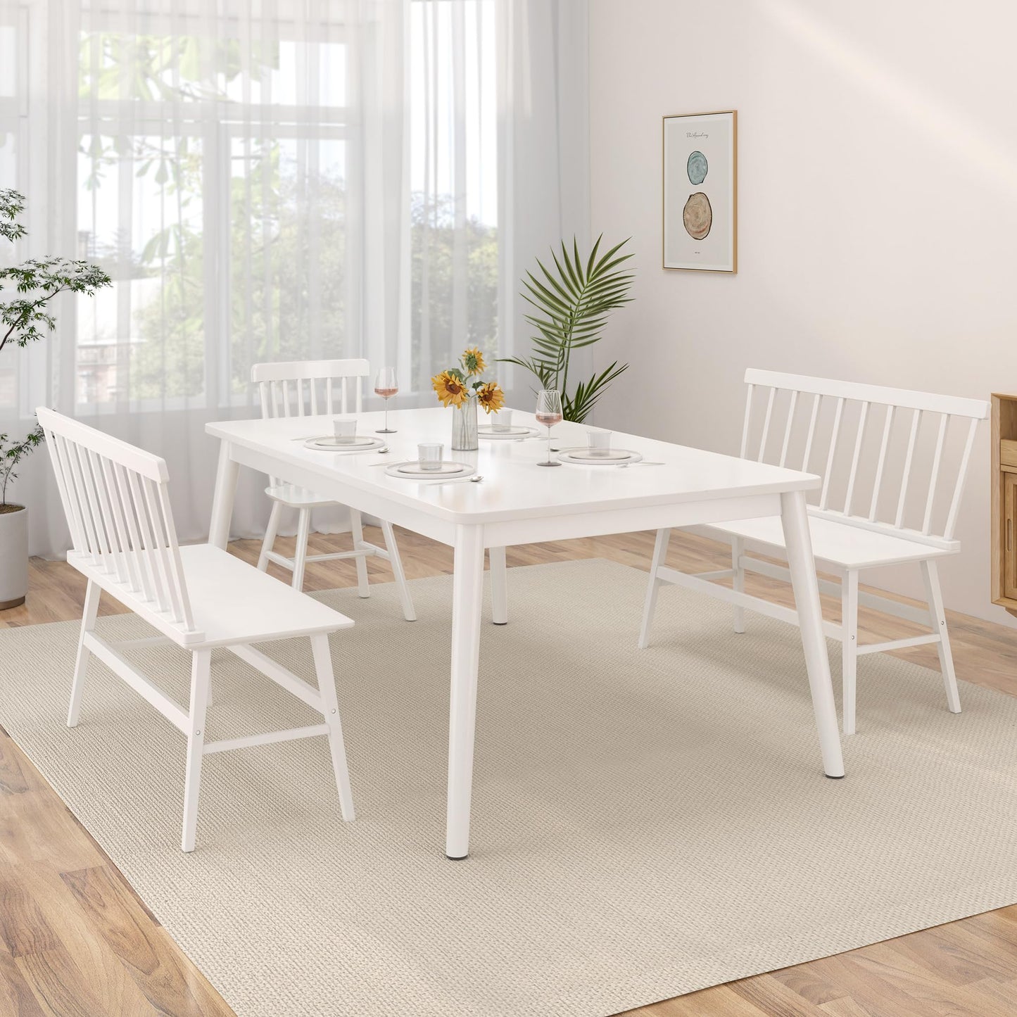 Wisuce Essentials Bamboo Dining Bench, Black Entryway Bench with Spindle Back Farmhouse Wood Windsor for Foyer Balcony Living Room (White)