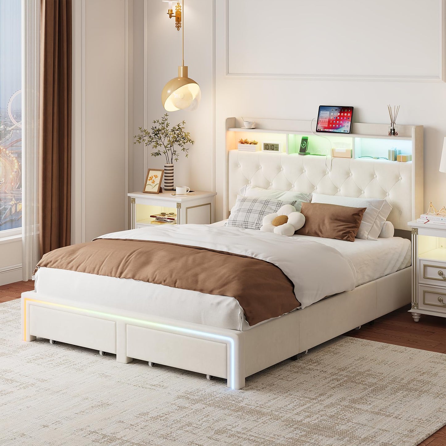 VINTLJUS Full LED Bed Frame with Storage Headboard & Charging Station, Velvet Fabric Platform Bed Frames with 4 Drawers, Button Tufted Upholstered, No Box Spring Needed, Beige