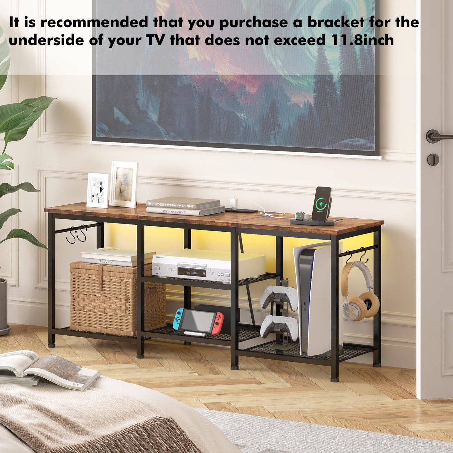 YGEOMER TV Stand Entertainment Center for 55 Inch TVs, with Charging Station and Lights Open Storage Shelves, TV Media Console, Open Storage Shelf with Sound Rack for Living Room, Rustic Brown