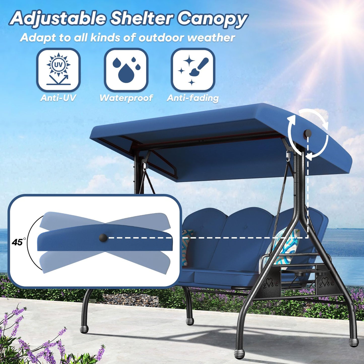 ZZW 3 Seat Outdoor Porch Patio Swing with Stand 800lbs 2-in-1 Convertible Swing Bed with Adjustable Canopy & Removable Cushion for Yard Garden Deck (Blue, Round Tube)