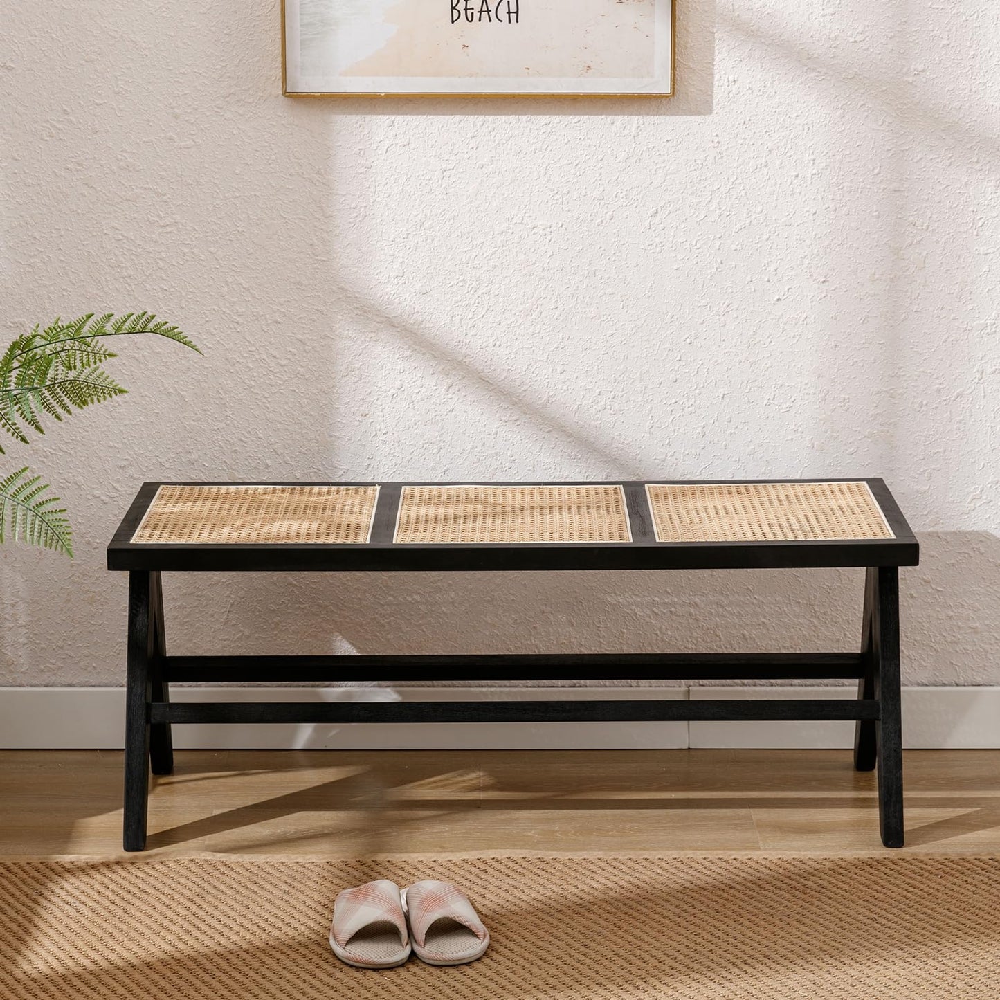 ZH4YOU 45 Inch Black Rattan Dining Bench, Farmhouse Woven Benches for Bedroom, Accent Entryway Long Seat Stool for Hallway/Dining Room/Living Room/Foyer