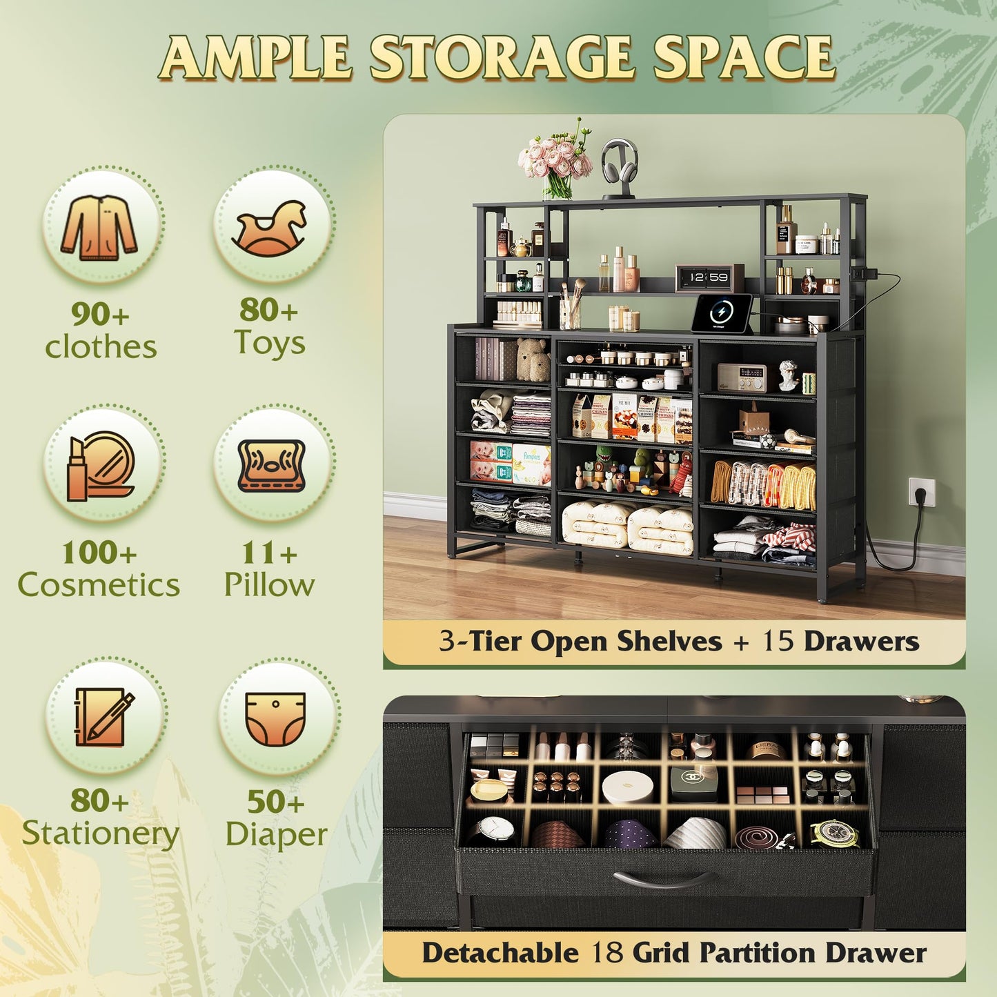 WLIVE 55" W Dresser for Bedroom with 15 Fabric Drawers & 5 Storage Shelves, Tall Black Dresser with Charging Station, Makeup Vanity Desk, Dressing Table, Chest of Drawers for Closet, Living Room