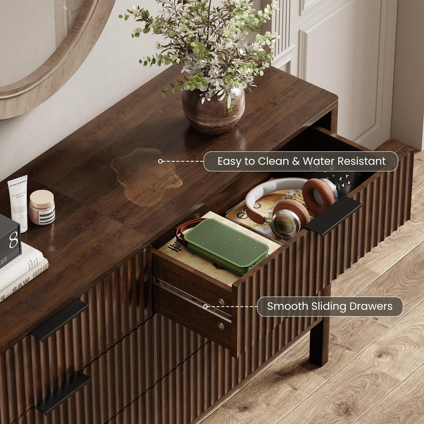 55" Wide Fluted 6 Drawer Dresser for Bedroom, Wooden Dresser Modern Chest of Drawers TV Stand Dressers with Organizer Storage for Bedroom, Living Room, Entryway, Walnut