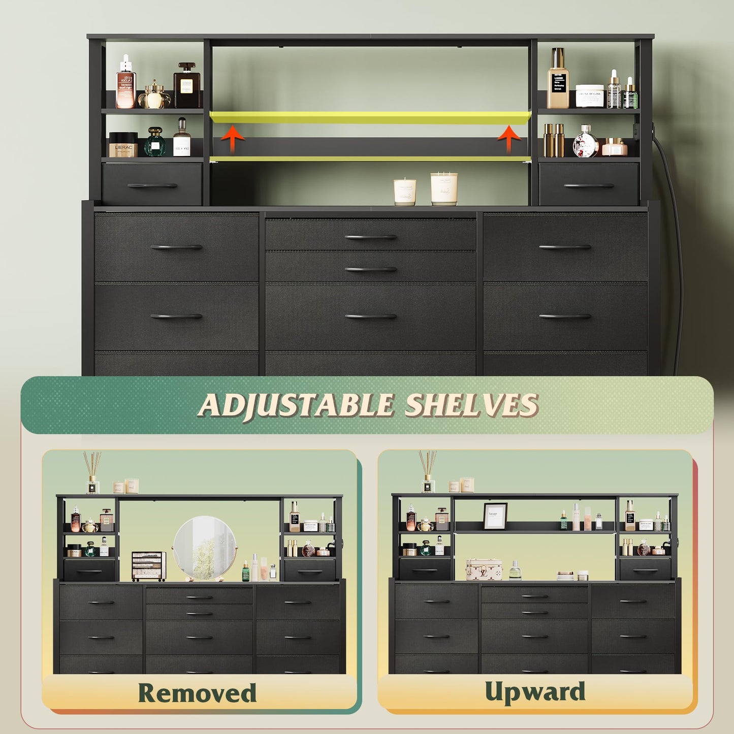 WLIVE 55" W Dresser for Bedroom with 15 Fabric Drawers & 5 Storage Shelves, Tall Black Dresser with Charging Station, Makeup Vanity Desk, Dressing Table, Chest of Drawers for Closet, Living Room