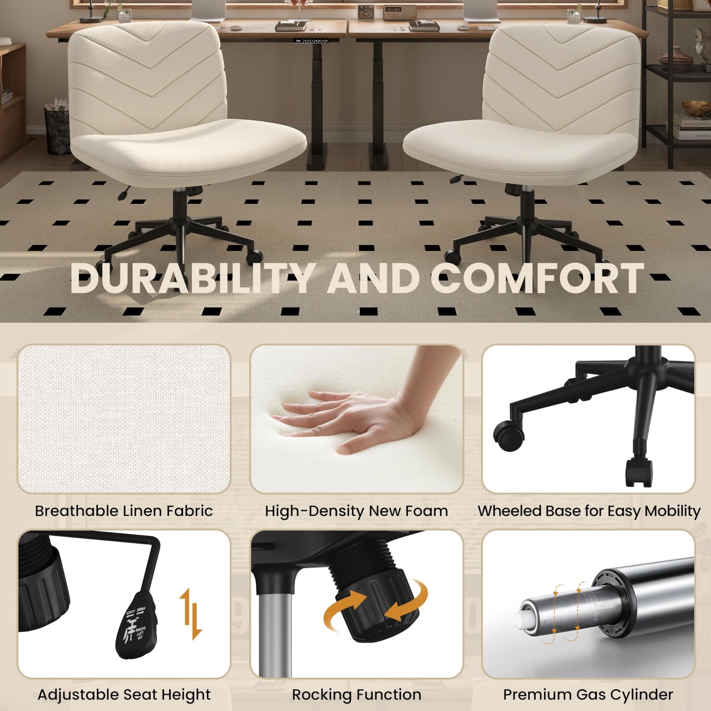 Yaheetech Wide Criss Cross Chair with Wheels, Comfy Armless Cross Legged Office Desk Chairs, Swivel Vanity Chair Computer Chairs for Home Office, Beige