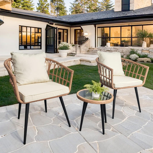 YINRUIN 3 Piece Patio Bistro Set,Outdoor Rattan Furniture,All-Weather Patio Furniture Set with 2 Chairs and 1 Glass Table for Balcony, Porch, Backyard (Beige)