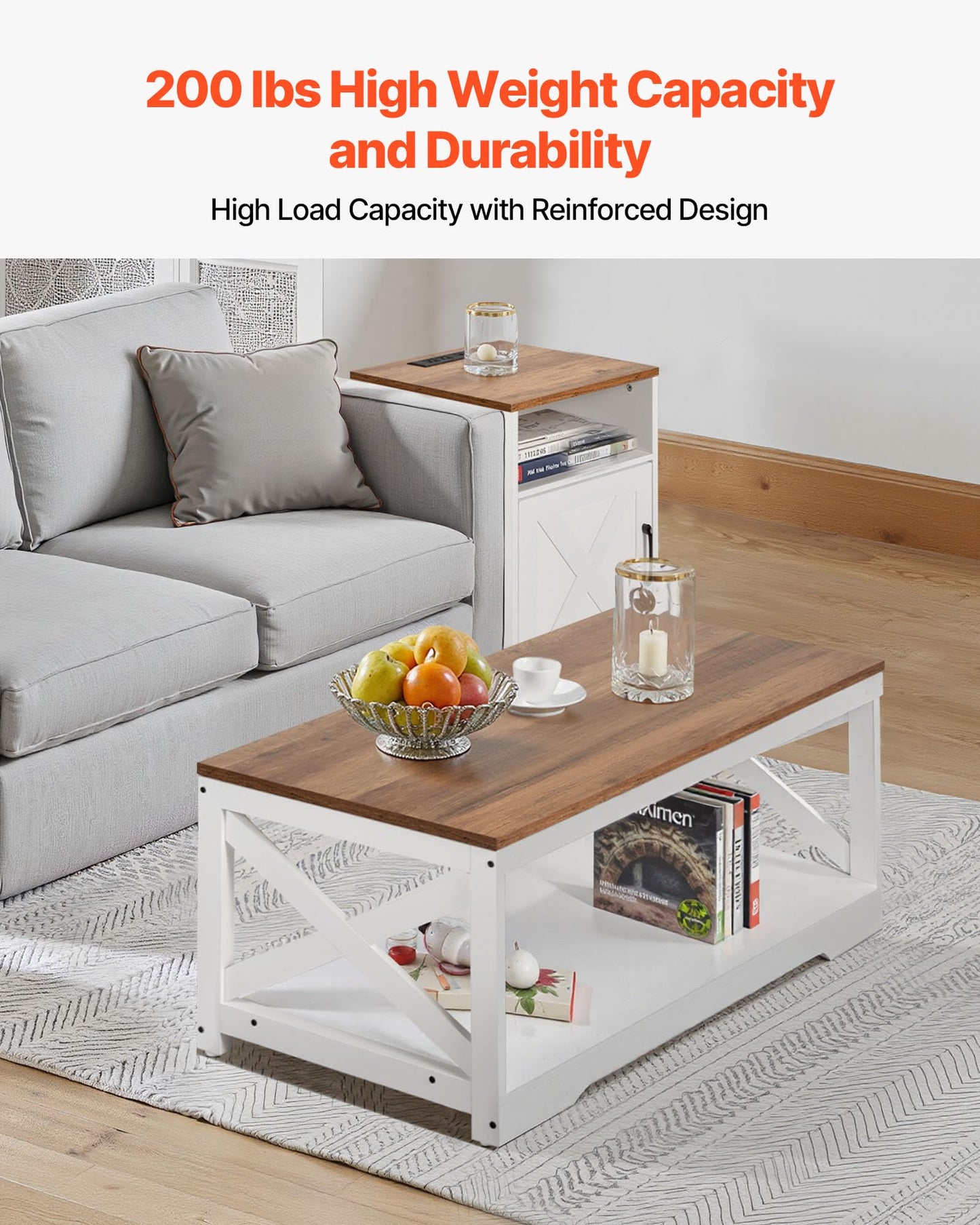 VEVOR 3 Pieces Farmhouse Coffee Table Sets, 40 Inch Industrial Coffee Table with 2 End Tables, Easy Assembly Coffee and Side Tables Sets with Charging Station, for Office, Living Room & Apartment