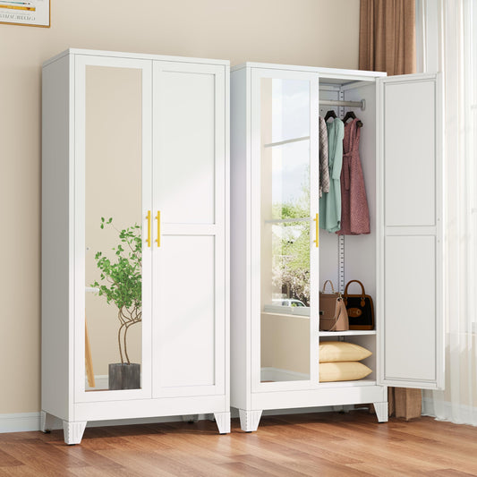 winiowa Metal Armoire Wardrobe Closet with 2 Mirror Doors, 71"' Wardrobe Cabinet with Adjustable Shelves and Hanging Rod, Clothing Storage Cabinet Closet with Mirror for Bedroom-White