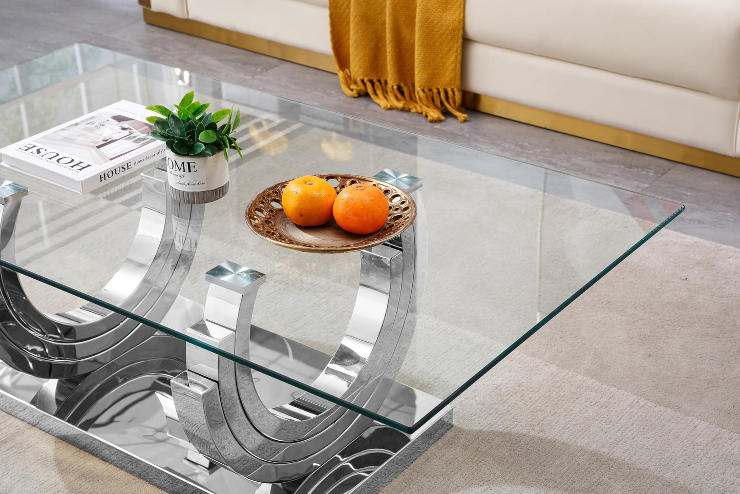 2 Pieces Glass Coffee Table Set,55" Rectangle Coffee Table with 1 Square End Side Table, Modern Silver Living Room Coffee Table Set w/Geometric Stainless Steel Base for Living Room,Apartment