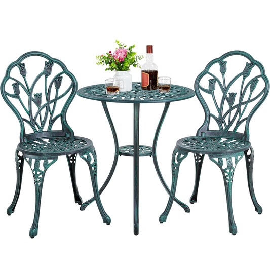 Yaheetech Patio Bistro Sets 3 Piece Cast Aluminum Bistro Table and Chairs Set, Cast Aluminum Bistro Table and Chairs Set of 2 with Umbrella Hole for Patio Backyard Balcony, Green