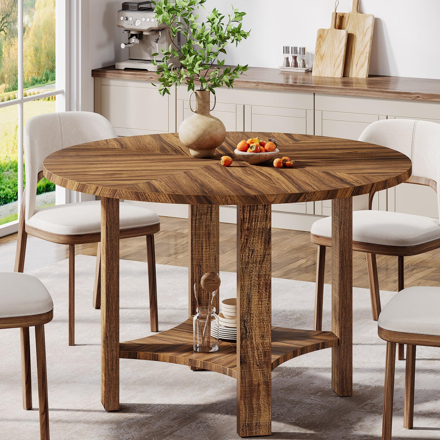 Tribesigns 47-Inch Round Dining Table for 4, Farmhouse Kitchen Table with Storage Shelf, Wooden Circle Dinner Table for Dining Room, Living Room, Small Spaces (Walnut)