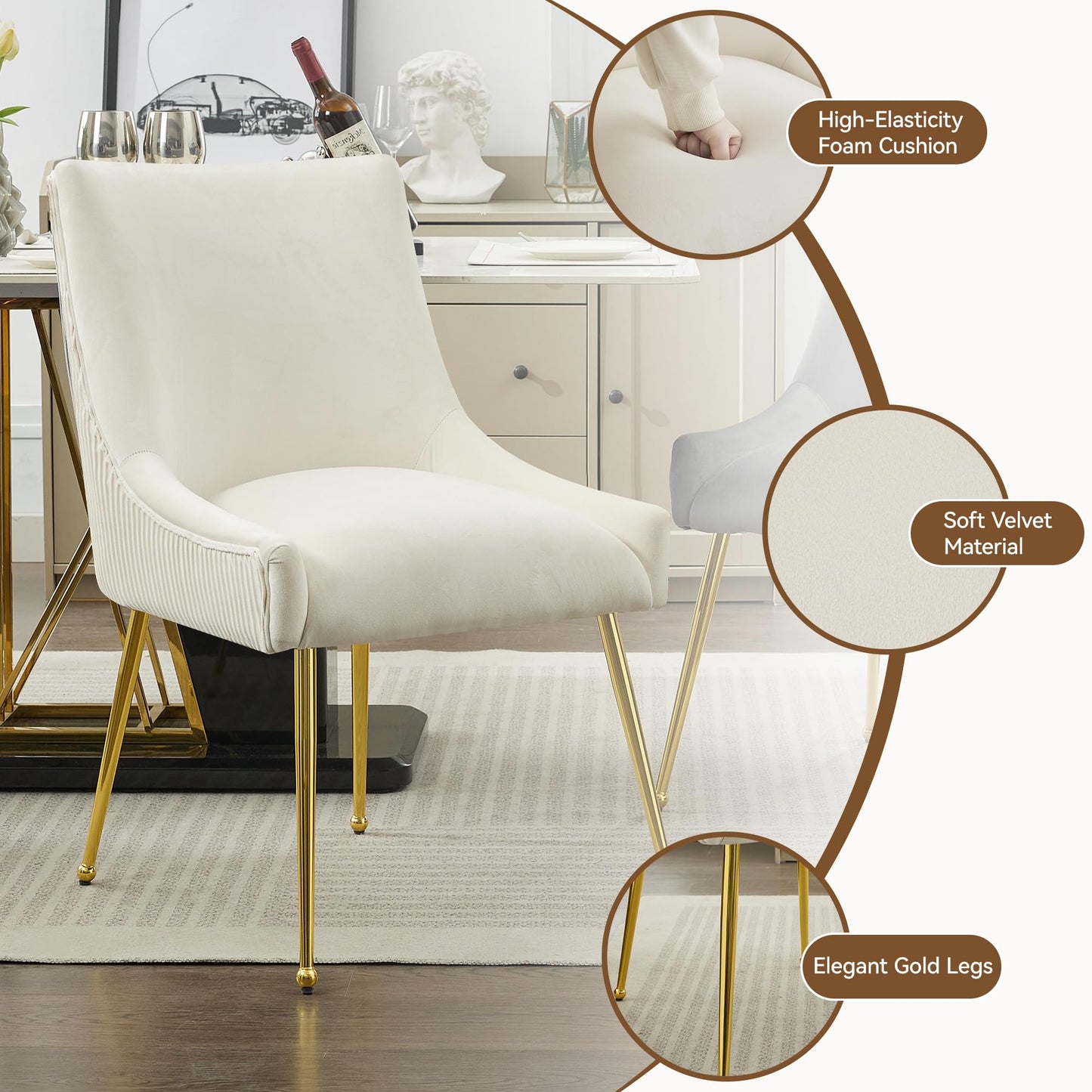 WUTUTUEE Velvet Dining Chairs Set of 2 Gold Legs,Upholstered Velvet Accent Chairs, Pleated Back Design & Gold Pull Handle, Mid Century Modern Chairs for Dining/Kitchen/Living Room,Beige