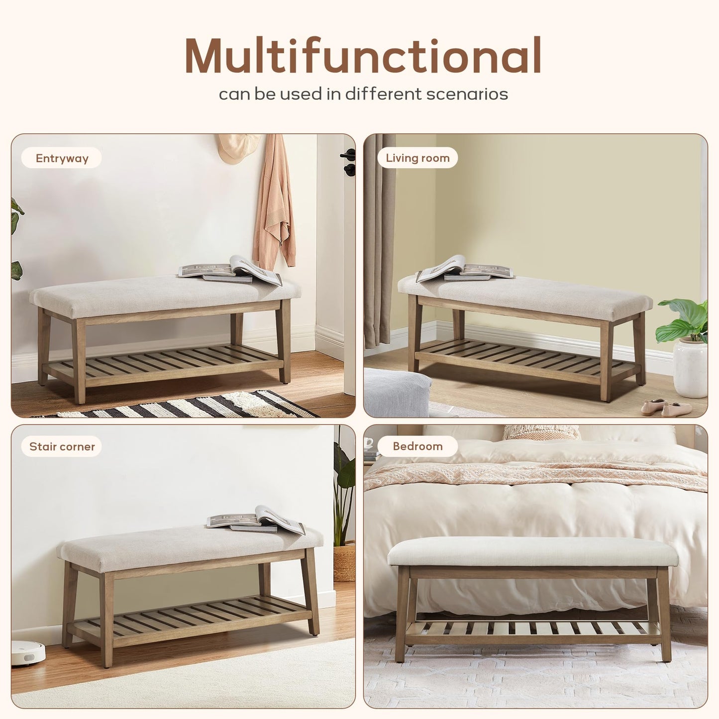 Zihanhome Entryway Bench, Chenille Upholstered Shoe Benches for Bedroom, Ottoman Bench with Solid Wood Shelf, Storage Benches for Hallway, Living Room(Beige)