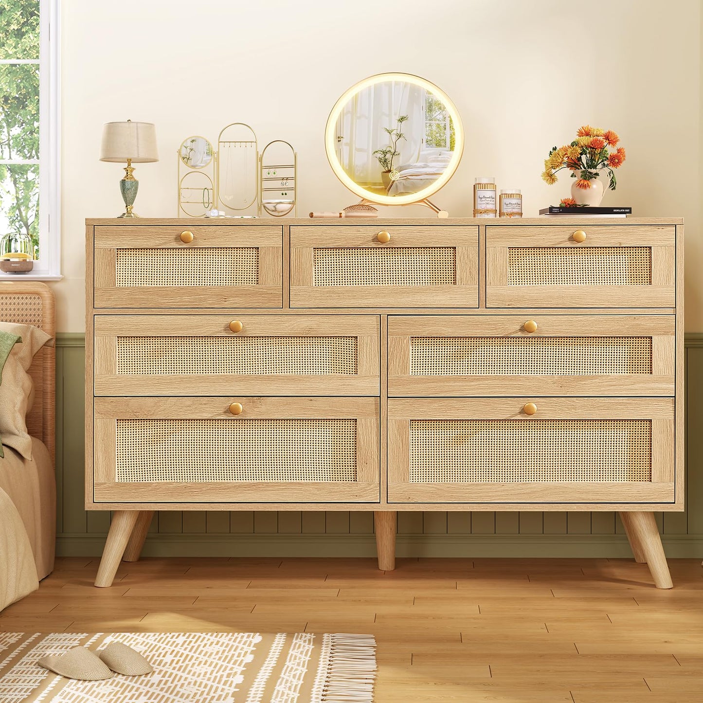 TEENFON 47.2''Wide 7 Drawer Rattan Dresser, Boho Dresser for Bedroom, Chest of Drawers, Closet Organizer, Natural Wood Dressers Chest for Bedroom, Living Room, Entryway, Natural