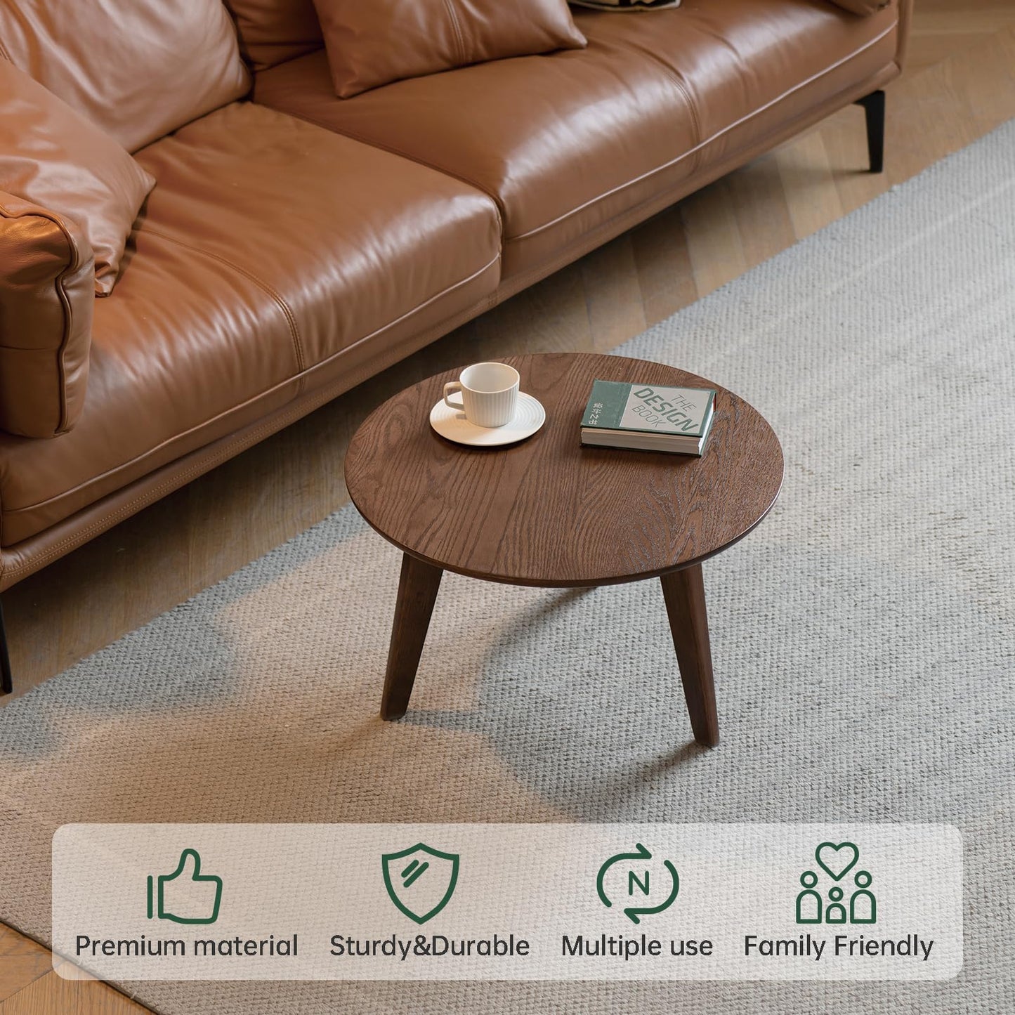 Vadisun 100% Solid Oak Wood Mini Coffee Table, Round Living Room Table Side Table w/Solid Wood Legs, Walnut Mid Century Sturdy Tables for Bedroom Balcony Living Room (23.62" D x 13.78" H)