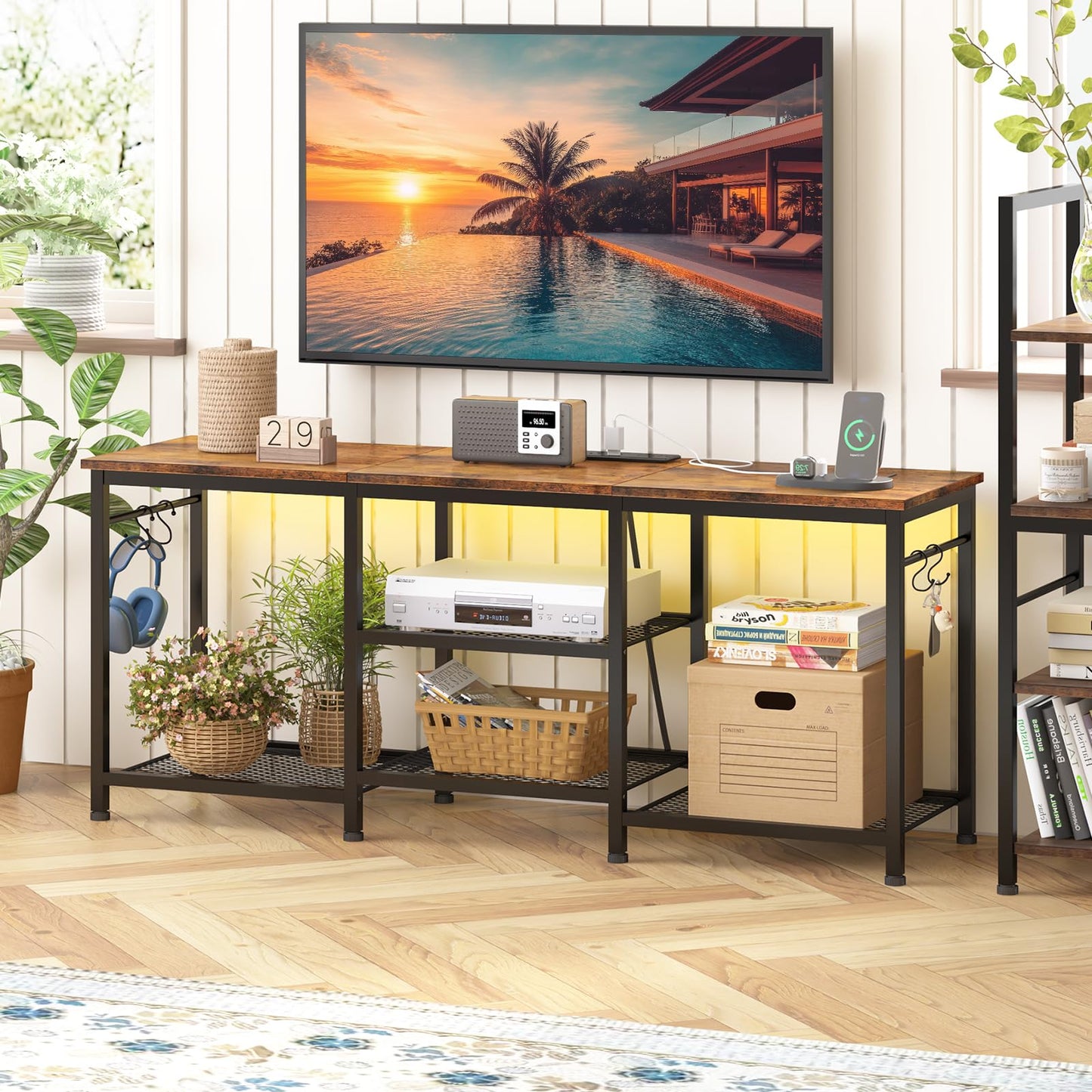 YGEOMER TV Stand Entertainment Center for 55 Inch TVs, with Charging Station and Lights Open Storage Shelves, TV Media Console, Open Storage Shelf with Sound Rack for Living Room, Rustic Brown