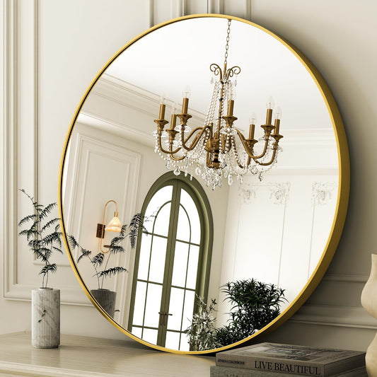 36 Inch Round Bathroom Mirror - Black Wall Mounted Circle Mirror with Metal Frame, Modern Round Hanging Mirror Suitable for Bathroom, Vanity, Entryway, Living Room