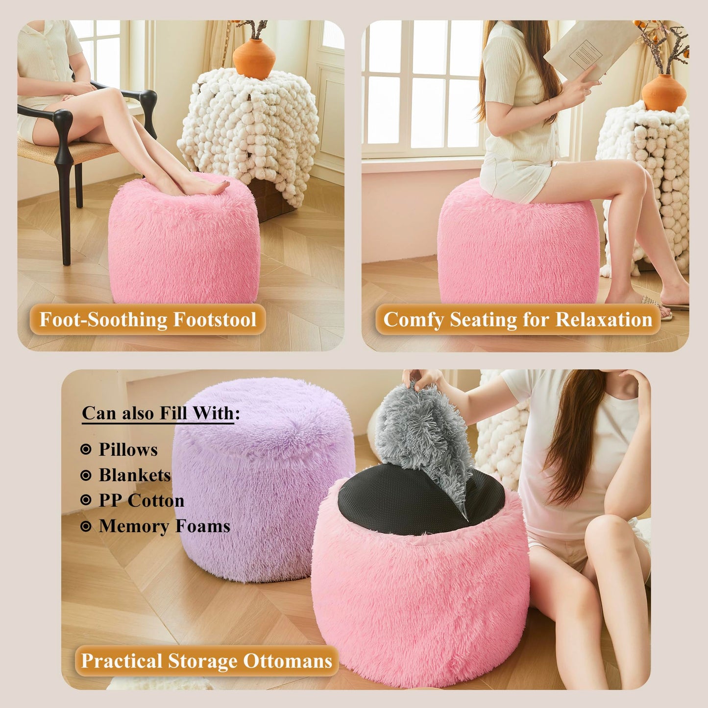 XeGe Fluffy Faux Fur Inflatable Pouf Ottoman, Cozy Shaggy Fuzzy Foot Stool, Plush Furry Foot Rest Floor Pouf Anti-Slip Kid Girl Adult, Foldable Round Ottoman Cushion for Living Room Bedroom, Pink