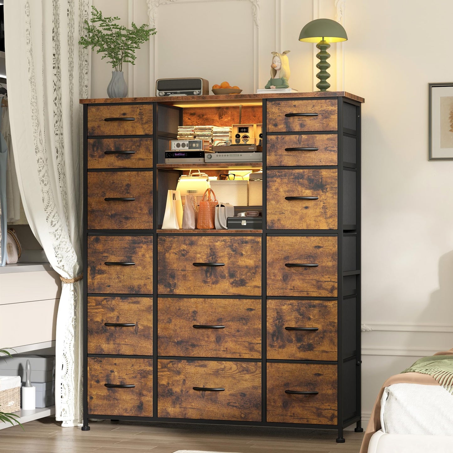 51"H Tall Dresser with 15 Drawers Dresser for Bedroom with Charging Station & LED Lights & Hutch Sturdy Fabric Bedroom Dressers, Steel Frame, Wood Top, Rustic Brown, 51.2"H x 39.3"W x 11.8"D